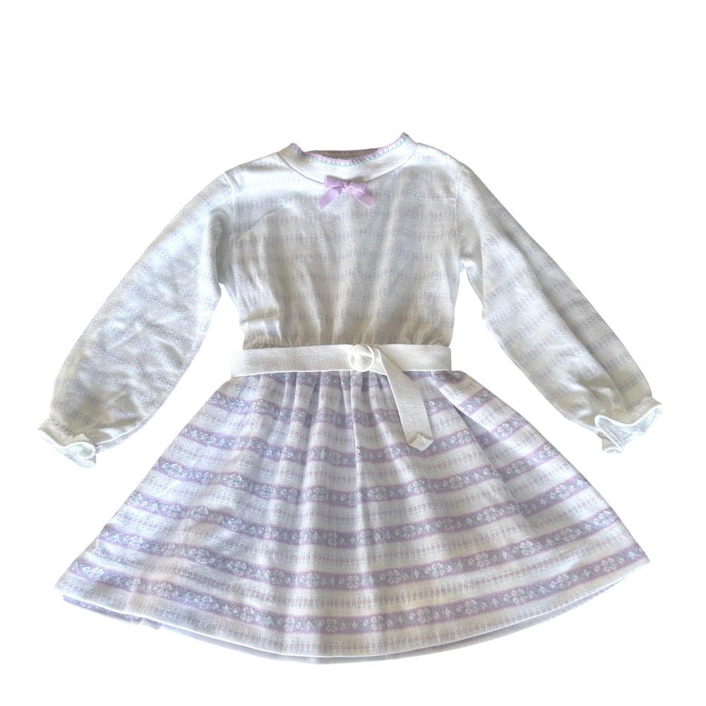 Vintage Health-tex Girls Purple White Striped Floral Belted Dress Size 5 USA 80s